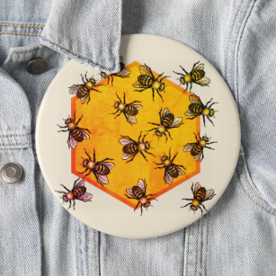 Honey bees with orange yellow hexagon drawing art button