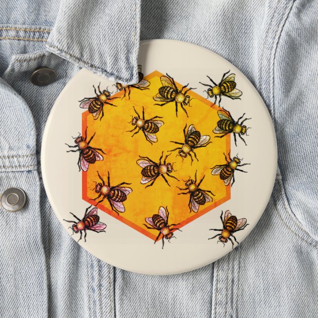Honey bees with orange yellow hexagon drawing art button (In Situ)