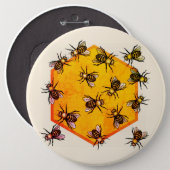 Honey bees with orange yellow hexagon drawing art button (Front & Back)