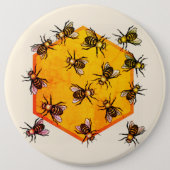 Honey bees with orange yellow hexagon drawing art button (Front)