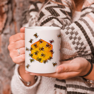 Honey bees with orange yellow hexagon drawing art coffee mug