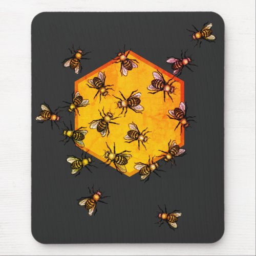 Honey bees with orange yellow hexagon drawing art mouse pad
