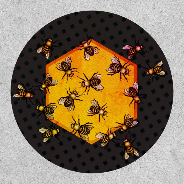 Honey bees with orange yellow hexagon drawing art patch (Front)