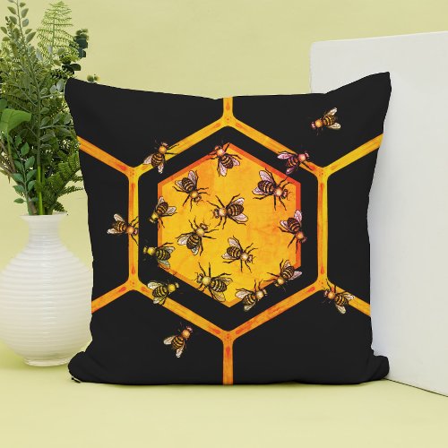 Honey bees with orange yellow hexagon drawing art throw pillow