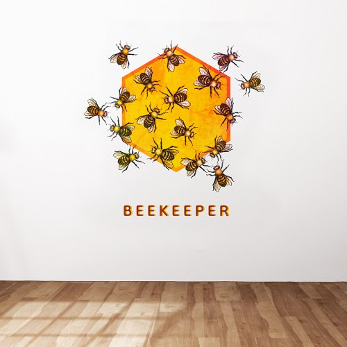 Honey bees with orange yellow hexagon drawing art  wall decal 