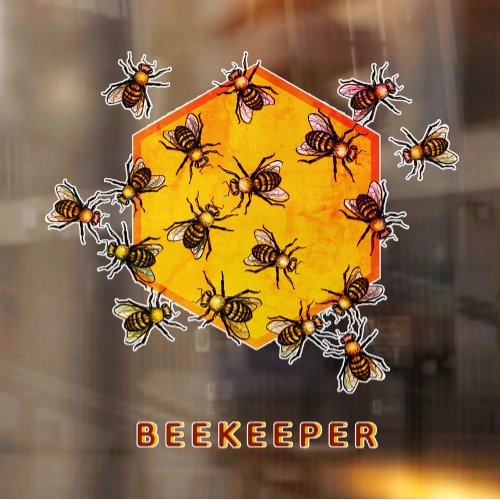 Honey bees with orange yellow hexagon drawing art window cling