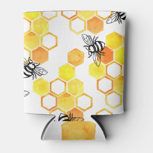Honey Bees Yellow Watercolor Pattern Can Cooler