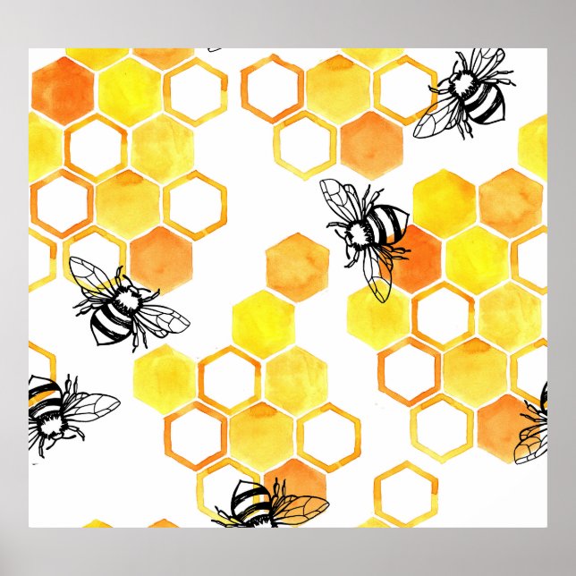 Honey Bees: Yellow Watercolor Pattern Poster (Front)