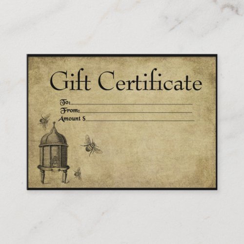 Honey Beeskep &amp; Bees- Prim Gift Certificate Cards Business Card Template