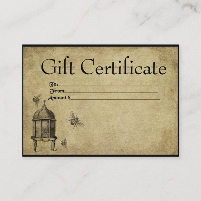 Honey Beeskep & Bees- Prim Gift Certificate Cards (Front)