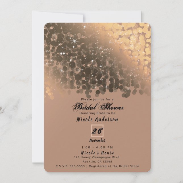 Honey Beige Champagne Golden Sparkle Lights Bridal Invitation (Front)