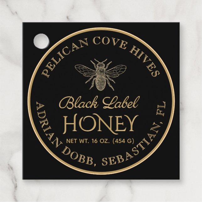 Honey Black Gold Vintage Bee Label Tag (Front)