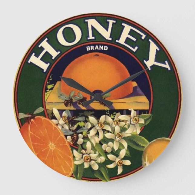 Honey Brand Citrus Crate Label Large Clock (Front)