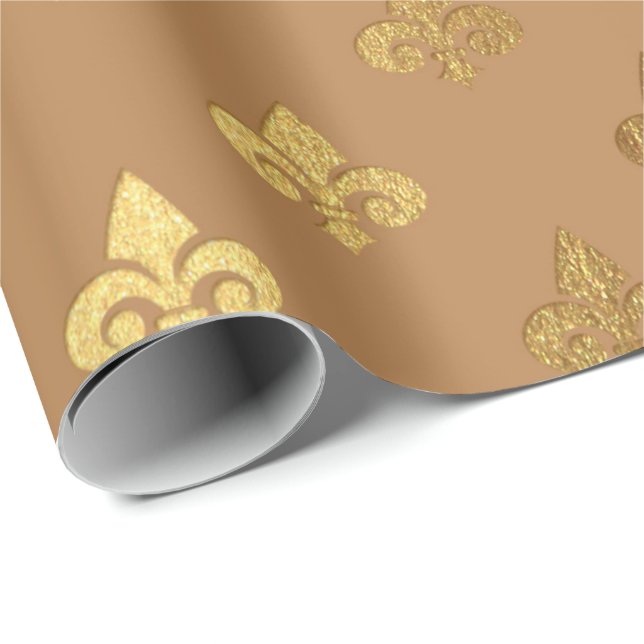 Honey Brown Sepia Gold Metallic Fleur-de-lis Wrapping Paper (Roll Corner)