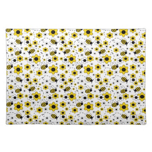 Honey Bumble Bee Bumblebee White Yellow Floral Cloth Placemat