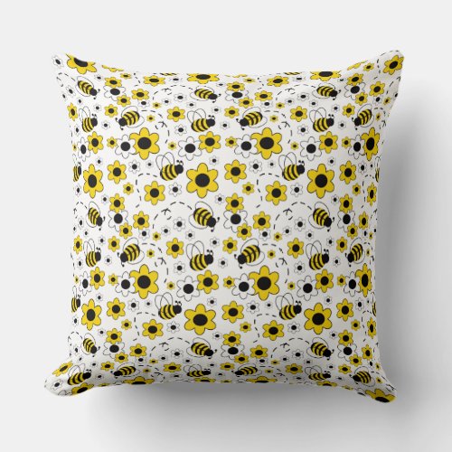 Honey Bumble Bee Bumblebee White Yellow Floral Throw Pillow