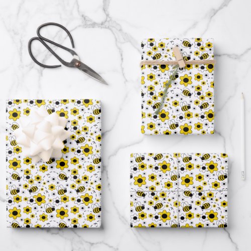 Honey Bumble Bee Bumblebee White Yellow Floral Wrapping Paper Sheets