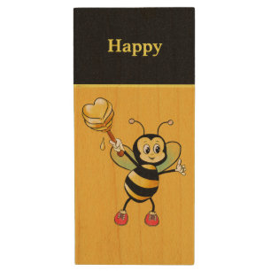 Honey Bumble Bee & Calligraphy on Black & Yellow Wood Flash Drive