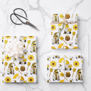 Gnome & Bumble Bee Cute Yellow Wrapping Paper sold by Guilherme