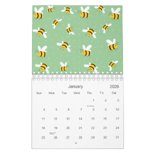 Honey Bumble Bee Green Pattern 2026 Calendar