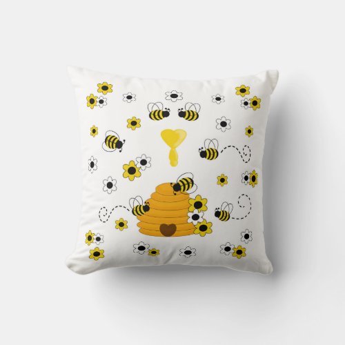 Honey Bumble Bee Hive Floral Throw Pillow