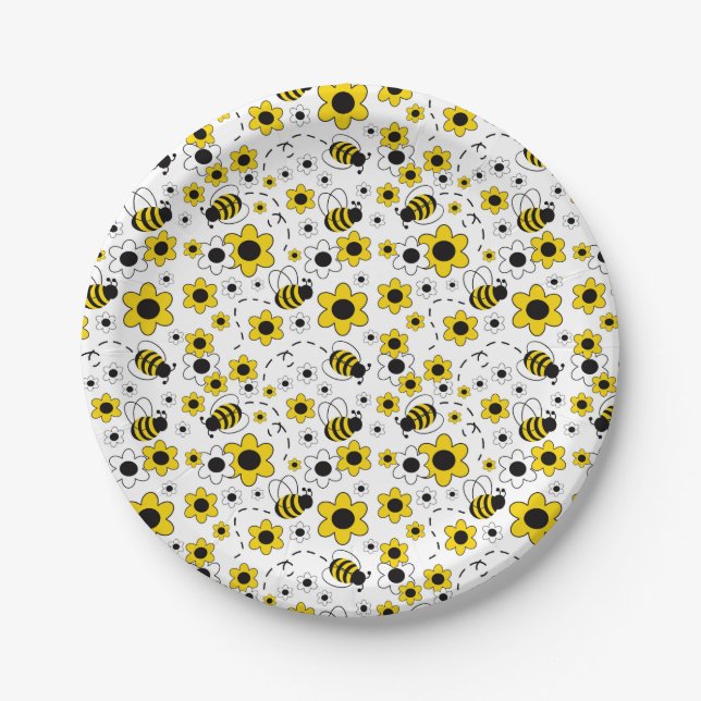 Honey Bumble Bee Yellow White Floral Paper Plates (Front)