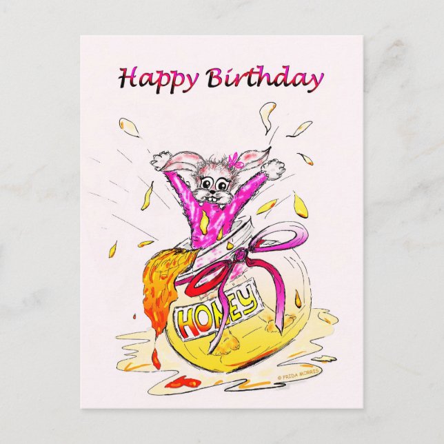 Honey Bunny Happy Birthday fun pink drawing card (Front)