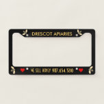 HONEY BUSINESS style A with Bees & Hearts License Plate Frame<br><div class="desc">Bright yellow text on Black with 4 stylized honeybees and red hearts - you can delete or easily change colors of bees and heart.</div>
