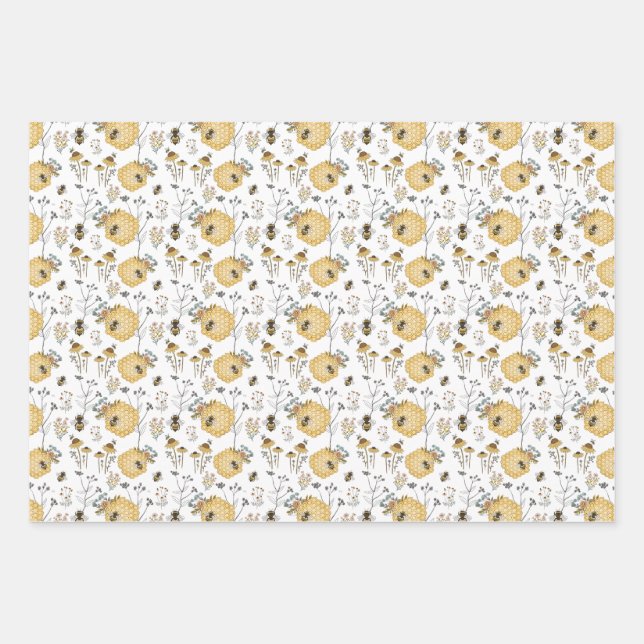 Honey comb and Flowers with Bees Wrapping Paper Sheets (Front)