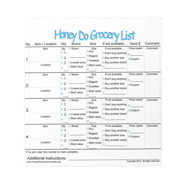 Honey Do Grocery List Notepad (Front)