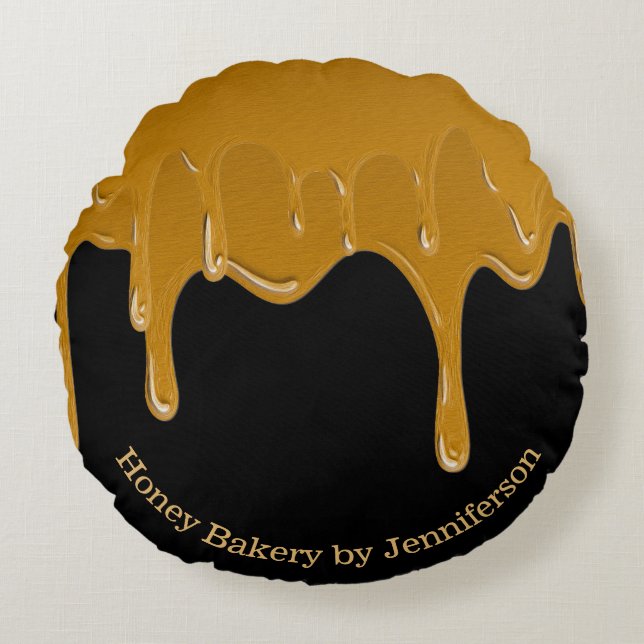 Honey Drip Sweet Bakery Gold Round Pillow (Front)