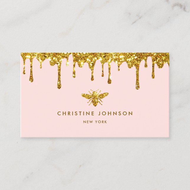 honey drips faux glitter bee on pink background business card (Front)