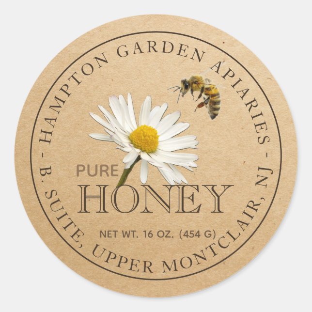 Honey Editable Daisy Flower Bee Honey Jar Label (Front)
