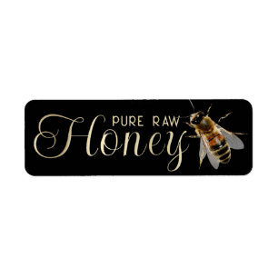 Honey Embossed Gold Text Realistic Bee on Black Label