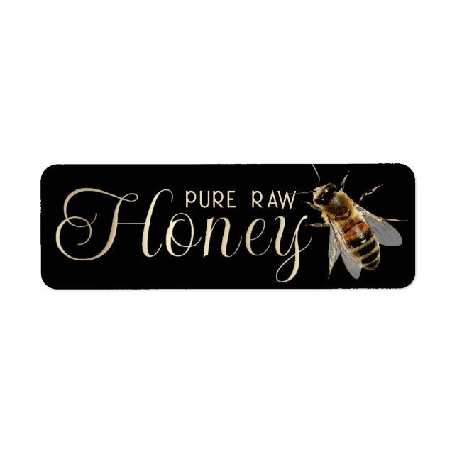Honey Embossed Gold Text Realistic Bee on Black Label (Front)