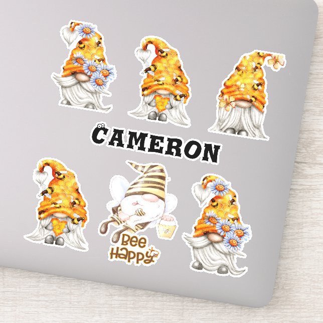 Honey Gnome Collection Bees, Floral, Add Name 8" Sticker (Detail)