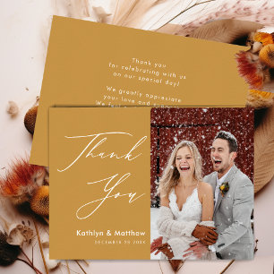 Honey Gold Elegant Script Modern Photo Wedding Thank You Card