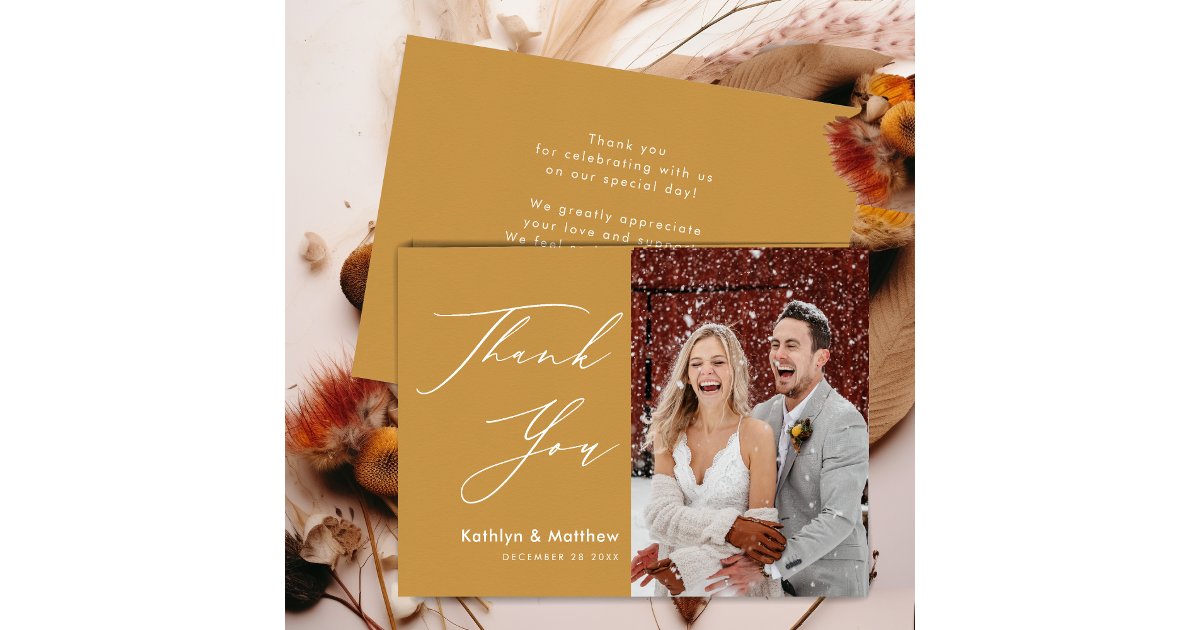 Honey Gold Elegant Script Modern Photo Wedding Thank You Card | Zazzle