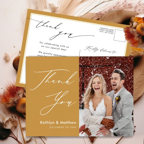 Honey Gold Elegant Script Modern Wedding Thank You Postcard