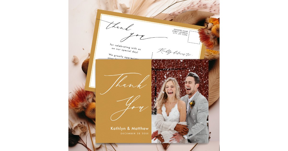 Honey Gold Elegant Script Modern Wedding Thank You Postcard | Zazzle