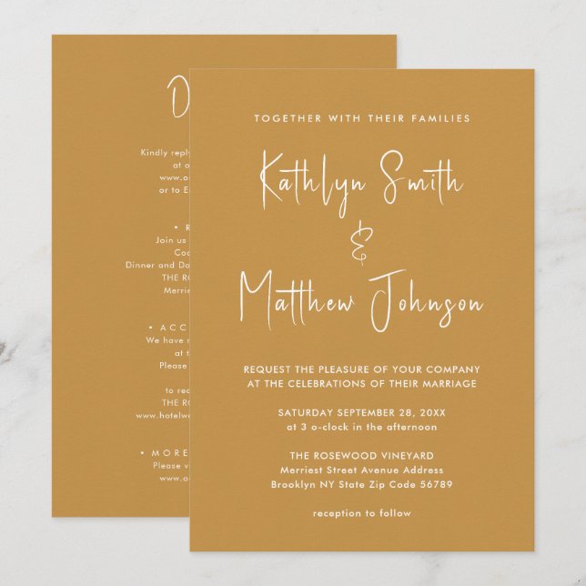 Honey Gold Modern Script All In One Chic Wedding  Invitation (Front/Back)