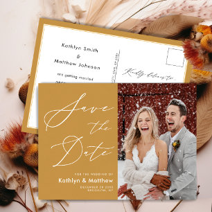 Honey Gold Modern Script Wedding Save The Date Announcement Postcard