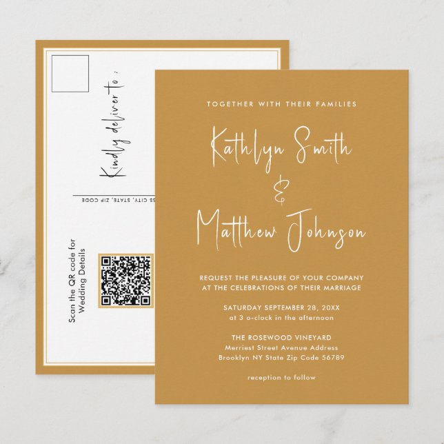 Honey Gold QR Code All In One Modern Wedding Invitation Postcard (Front/Back)
