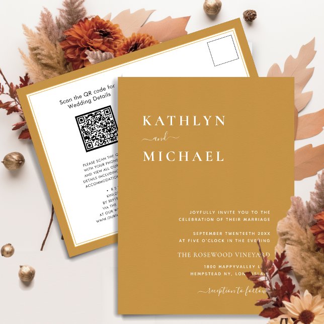 Honey Gold QR Code All In One Modern Wedding Invitation Postcard (Creator Uploaded)