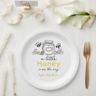 Honey Hand-drawn Jar & Bees White Baby Shower Paper Plates
