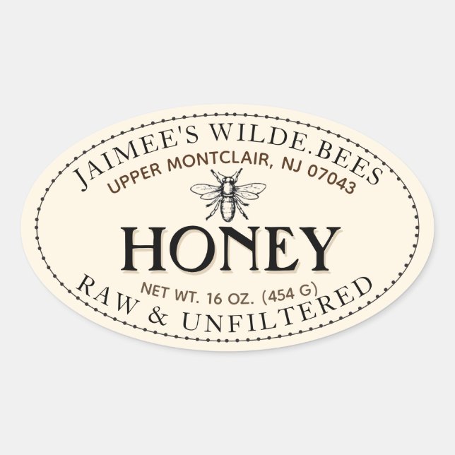 Honey Heraldic Bee Oval Dotted Border Sticker (Front)