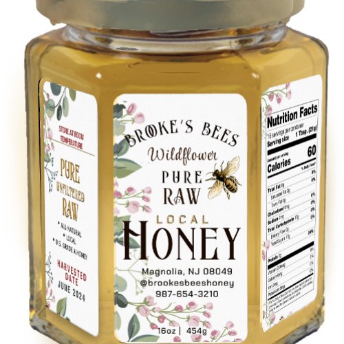 Honey HEX PANEL handpainted bee  flower 16oz JAR Label
