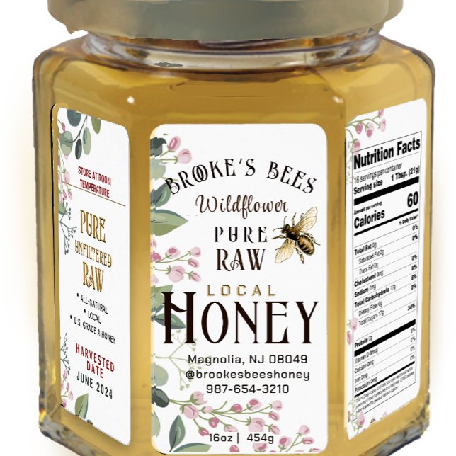 Honey HEX PANEL handpainted bee & flower 16oz JAR Label (Creator Uploaded)