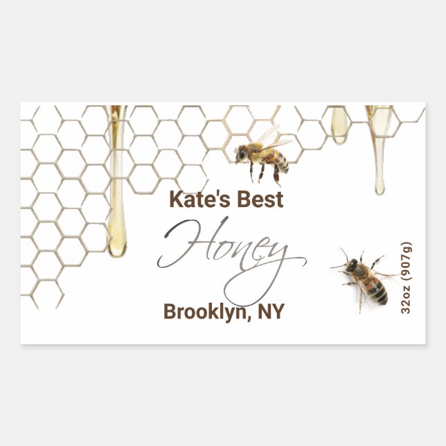 Honey Hexagon Jar Label with Honeycomb and Bees (Front)