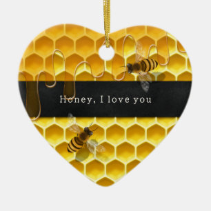 "Honey, I love you" Bees & Honeycomb Custom Heart Ceramic Ornament